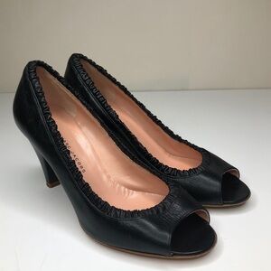 Marc By Marc Jacobs Black Leather Ruffle Peep Toe Pumps Heels Sz 38
